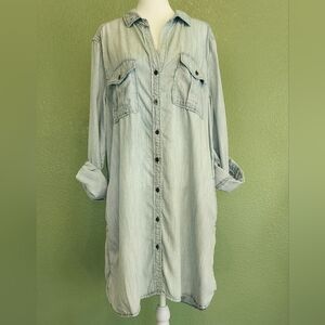 Philosophy Womens Shirt Dress Sz XL Tunic Dress Blue Chambray Roll Tab Sleeves